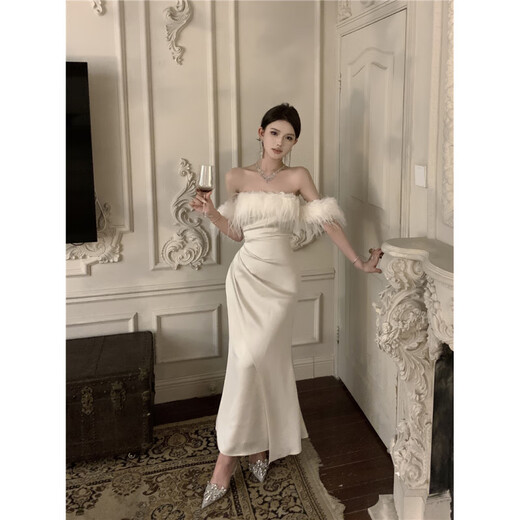 COMIC SOUL temperament one-shoulder white dress new women's spring and autumn slimming skirt French bottoming long skirt off-white S