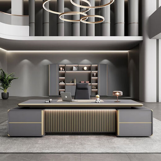 Boss desk, president, chairman desk, executive desk, manager office desk, office desk and chair combination 2000mm luxury executive desk + double side cabinets, rain fog oak-iron gray