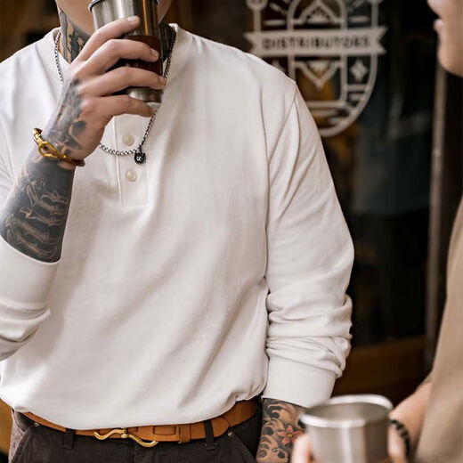 American retro Henry collar heavyweight T-shirt 280g thickened long-sleeved bottoming shirt tough guy men autumn and winter ivory white L L