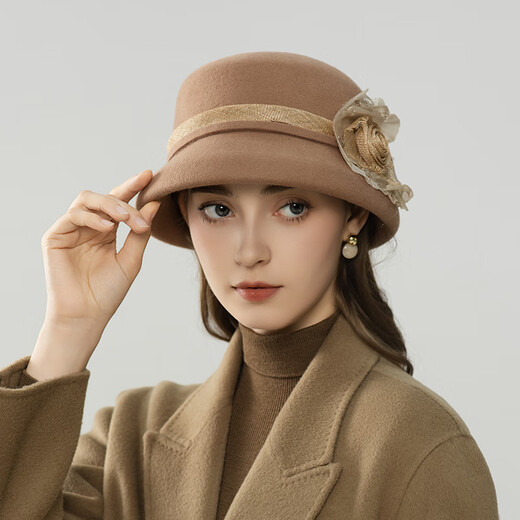 Lanshimengdai 2025 new French retro wool basin hat fashionable flower decoration top hat versatile hat autumn and winter women elegant khaki 56-58cm