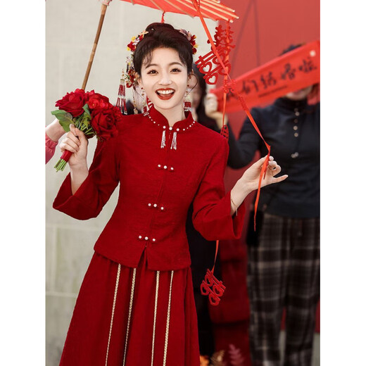 Shifansen (SHIFANSEN) Toast Wear Bride 2025 New Winter Clothes Red Engagement Dress New Chinese Style Wedding Clothes Long Sleeve Autumn and Winter Burgundy Chinese New Style S Recommendation 92-100Jin Jin is equal to 0.5 kg
