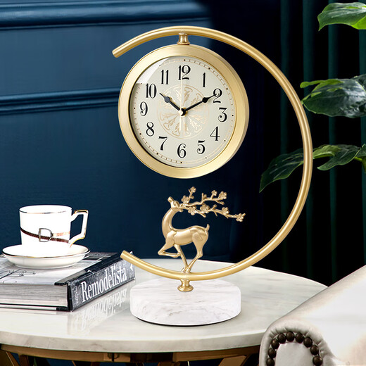 Hanshi (Hense) New Chinese Style Light Luxury Brass Table Clock Creative Desktop Table Clock Porch Decoration Clock Living Room Quartz Clock HD1032 Model A Brass Fulu (White Base + Pattern Plate)