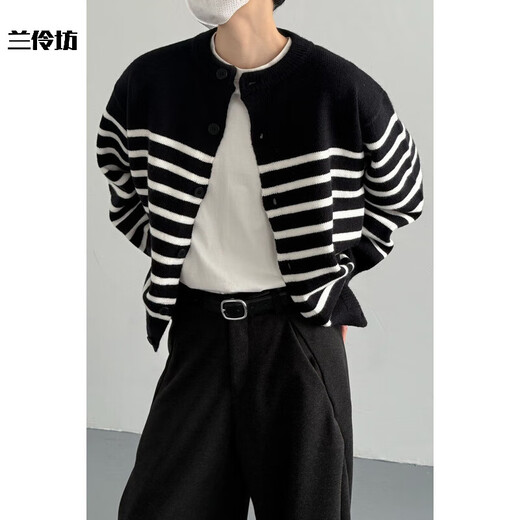 Lanlingfang autumn and winter Korean style fashionable vintage Henry collar contrast striped sweater cardigan for men and women loose simple knitted jacket trendy black striped M
