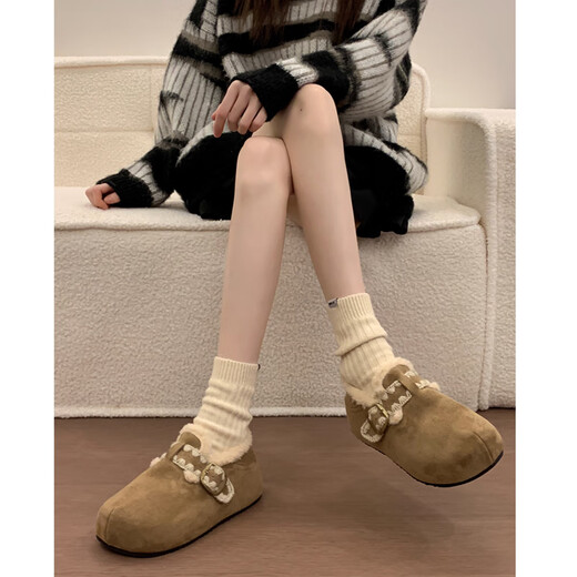 Woodpecker Retro Khaki Thick Sole Plus Velvet Cotton Shoes Women's 2025 Winter New Warm Birkenstock Shoes Furry Snow Boots Khaki 38 (240mm)
