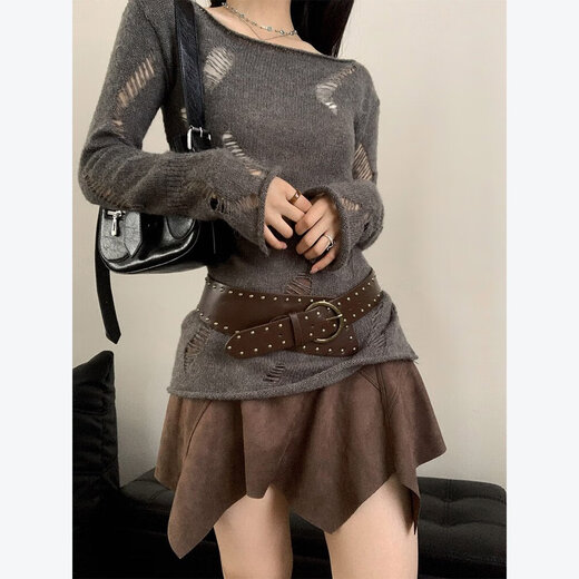 Hao Fanjie wide belt decoration women's brown girdle retro rivet belt sweater skirt coat jeans personalized accessories belt brown belt irregular rivets