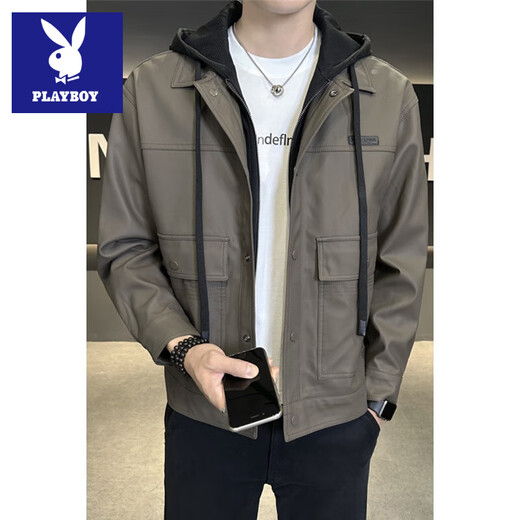 Playboy leather jacket for men 2025 new autumn and winter trendy brand handsome American fake two-piece detachable hooded plus fleece leather jacket light brown 4XL