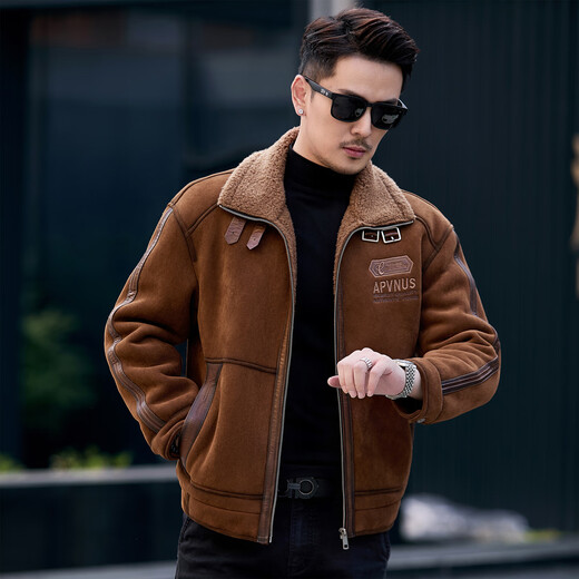 CJZ Parker Leather Jacket Men's Motorcycle Fur One-piece Lamb Shear Shear Warm Jacket Leather Jacket Men Gray L