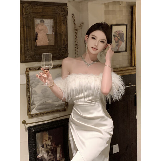 COMIC SOUL temperament one-shoulder white dress new women's spring and autumn slimming skirt French bottoming long skirt off-white S