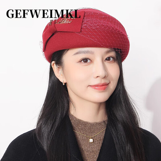 GEFWEIMKL Merino Wool Beret Women's Autumn and Winter New Fashion Bow Felt Hat Western Style Versatile Pure Wool Women's Hat Burgundy One Size Built-in Adjustment Rope