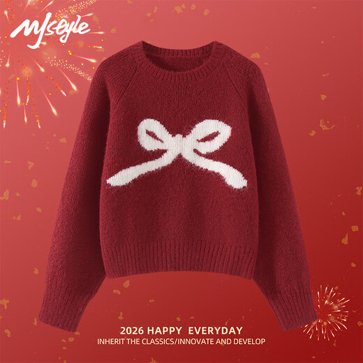 MJ STYLE Qiji red bow short sweater for women 2026 winter sweet style design round neck inner sweater top