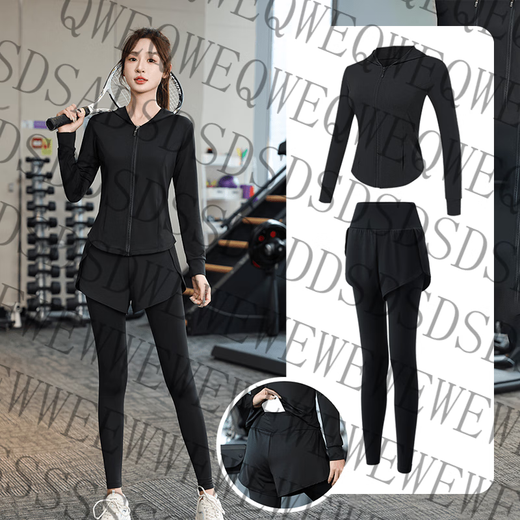 Bmai Flagship Store Yoga Suit Women's Sports Suit Training Long Sleeve Women's Slim Quick-Drying Pilates Long 5 New Black Hoodie Two-piece Set (Black Pants) XL