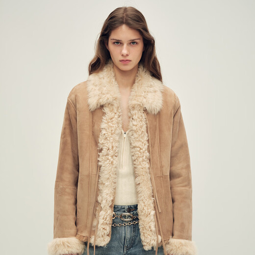 Fu Zhien black tea maple sugar Italian imported Tuscan lapel fur one-piece short fur coat for women tea apricot M