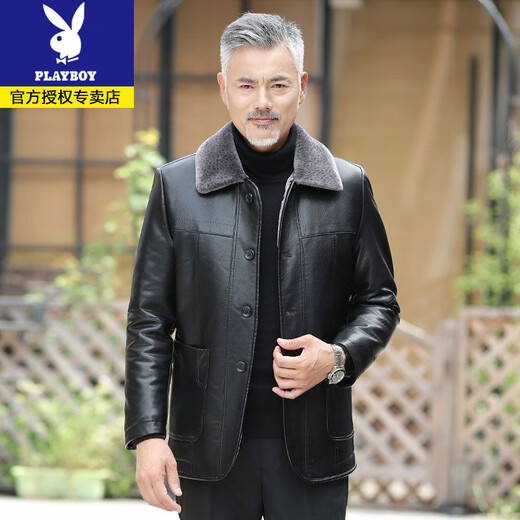 Playboy dad winter coat velvet thickened middle-aged 50-60 leather jacket 70 middle-aged and elderly men's fur all-in-one leather jacket black (button style) 4XL 195 suitable for 160-180 Jin Jin equals 0.5 kg