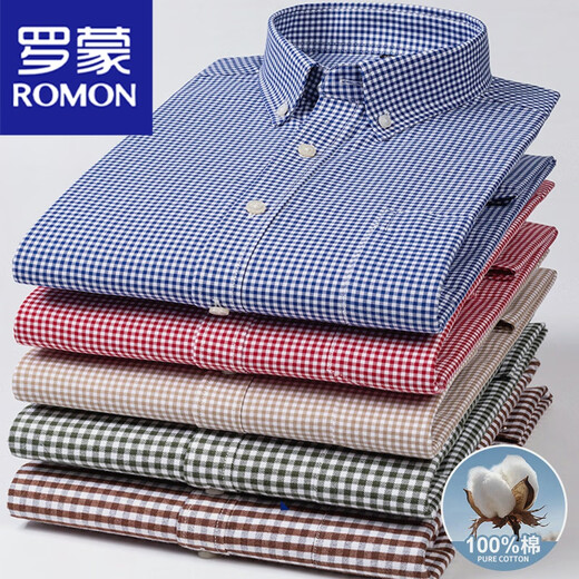 ROMON (ROMON) 100 pure cotton men's small plaid long-sleeved shirt spring and autumn middle-aged and young casual hair-worn cotton shirt men's clothing 18-719 blue and white plaid 41/XL [135-150Jin [Jin equals 0.5 kg]]