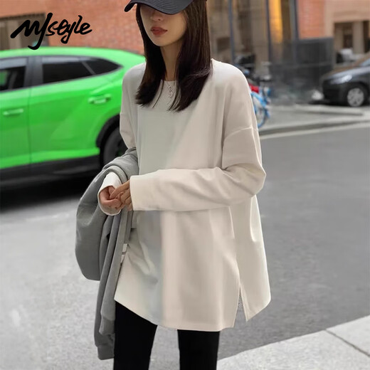 MJ STYLE long-sleeved slit T-shirt for women 2025 autumn new loose pullover solid color bottoming shirt sports style versatile top