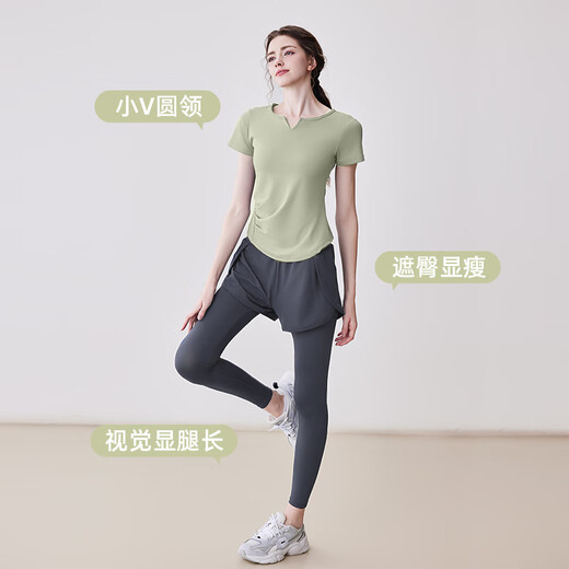 Xiaoying fitness clothing tops for women 2025 new high-end Pilates training yoga clothing short-sleeved morning running sports suit V-neck slimming short-sleeved gray lake blue S (recommended 85-95Jin Jin equals 0.5 kg)