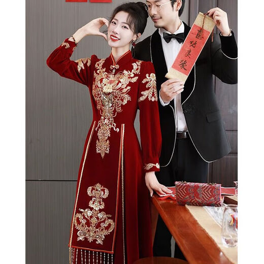 Fenggao (fenggao) Toast Wear Bride 2025 New Winter Clothes Burgundy Stand Collar Retro Cheongsam Winter Heavy Industry Embroidered Long Dress Burgundy Long Style 202 S Dress size is too small. Consult customer service to check the size.