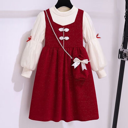 Velvet girls New Year dress suit autumn and winter new children's red princess dress girls vest dress two-piece set picture color 130