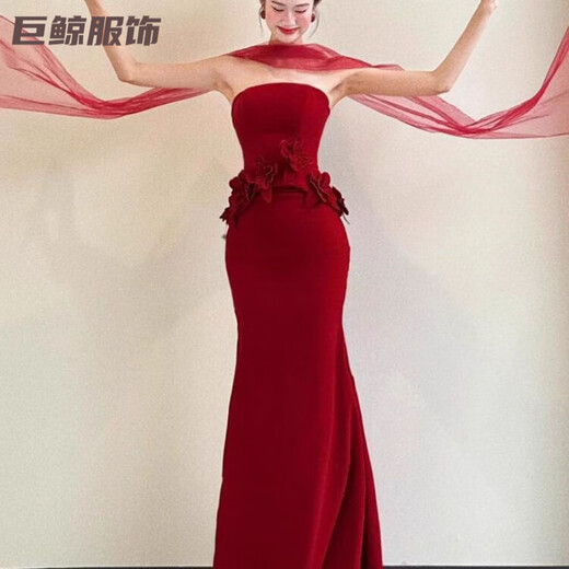 Tromlfz toast dress bride new tube top beautiful light wedding dress bride dressing gown red engagement dress skirt small tail burgundy L