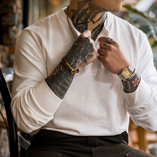 American retro Henry collar heavyweight T-shirt 280g thickened long-sleeved bottoming shirt tough guy men autumn and winter ivory white L L