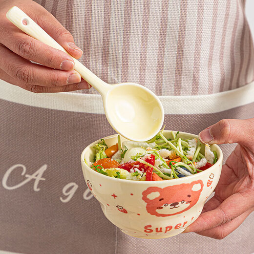Cute gourd ceramic household cream rice bowl girl heart net salad cartoon hand-painted high-value heart bowl large capacity honey bear one bowl one spoon (2 colors random)