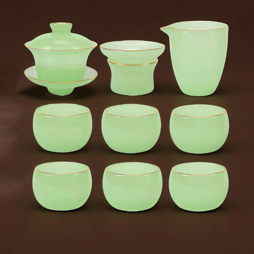 Richunliu high-end sky blue Ru kiln gilt jade porcelain Kung Fu tea set light luxury gift suet jade bowl gift box Ru Qing jade porcelain tea set gift box 10 pieces