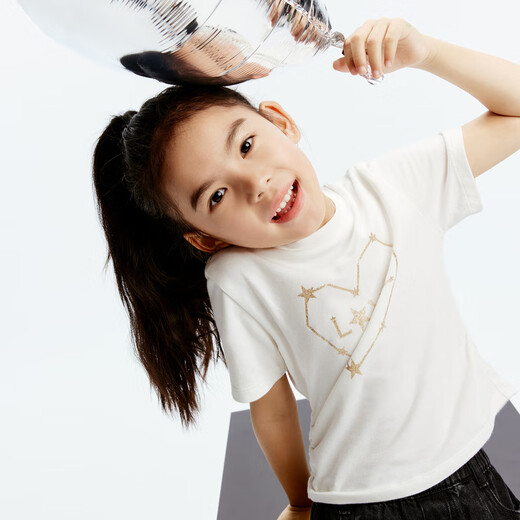 Little MO&Co. antibacterial children's clothing autumn new style girls love series simple elastic short-sleeved T-shirt white 110 110/56