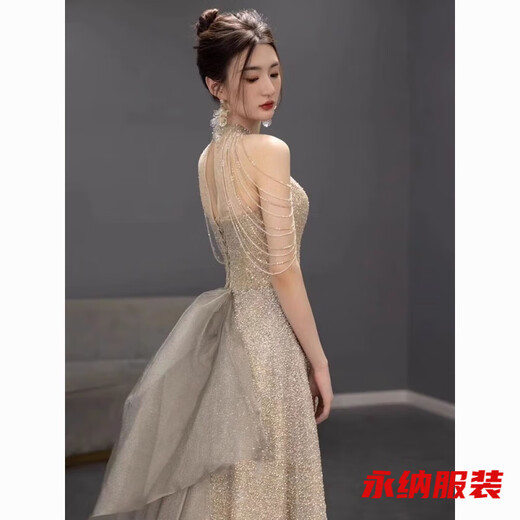 Mei Anjia champagne color evening dress women's new high-end niche art test host adult ceremony toast dress bride engagement dress champagne color 2XL