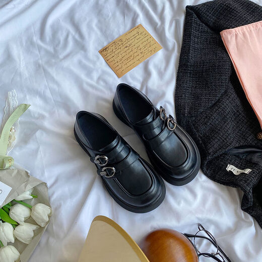 Spring college style thick-soled loafers for women with belt buckles, versatile casual shoes, small leather shoes, black - ready stock 36 36