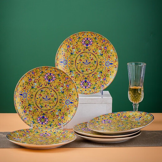 Hand-me-down porcelain plates, new household dishes, Jingdezhen ceramic plates, bone china, gold rim, Chinese dish tray, 8-inch deep plate, Phnom rim, Xizi blue