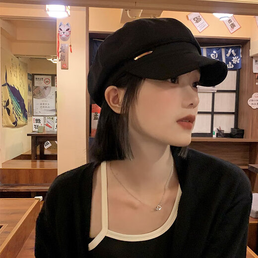HG beret girls octagonal hat women's autumn and winter fashionable new style newsboy cap big head circumference shows small face black one size