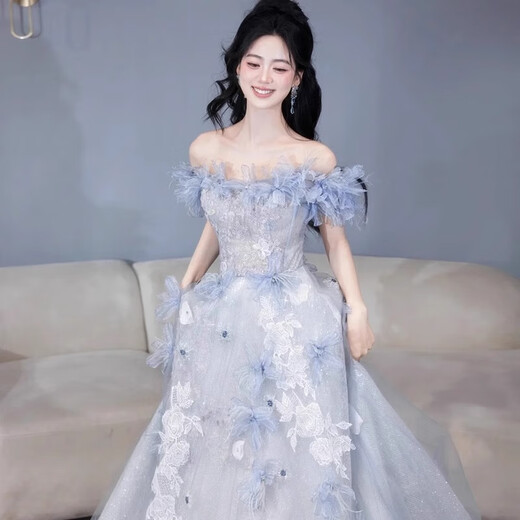 Rich collar dress performance clothing music student girl blue evening student art exam performance clothing tutu skirt banquet temperament host feeling blue XS