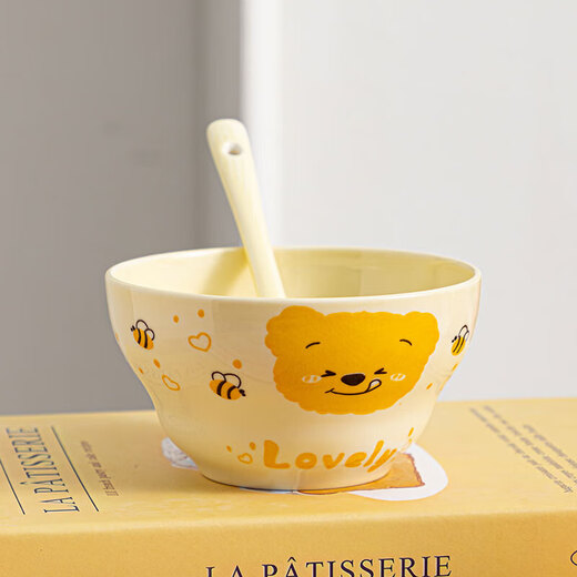 Cute gourd ceramic household cream rice bowl girl heart net salad cartoon hand-painted high-value heart bowl large capacity honey bear one bowl one spoon (2 colors random)