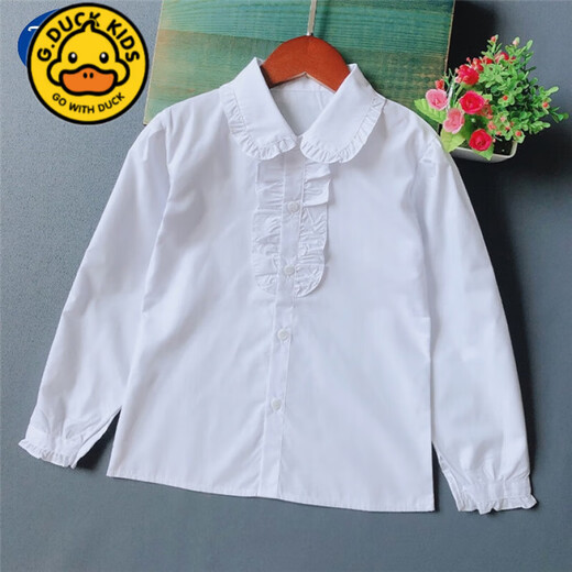 G.duck girls long-sleeved white shirt spring and autumn middle and large children's campus pure cotton white shirt children's girls primary school uniform style lace long sleeves plus velvet 160 cm suitable for 150-160cm age 10-12 years old