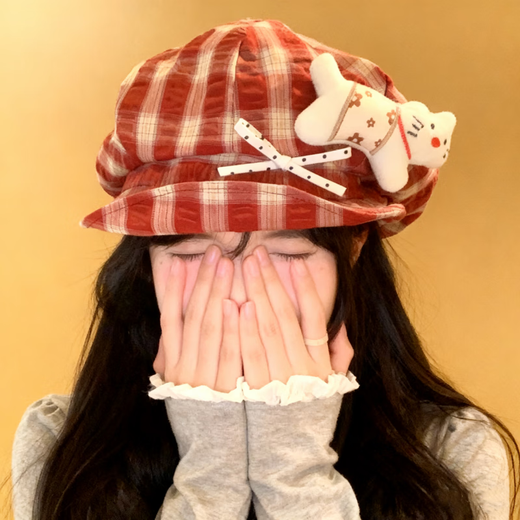 Fan Shengyu Japanese style plaid cat octagonal hat for women spring y2k style sweet and western style beret showing face little newsboy painter hat plaid kitten beret one size fits all 54-58cm