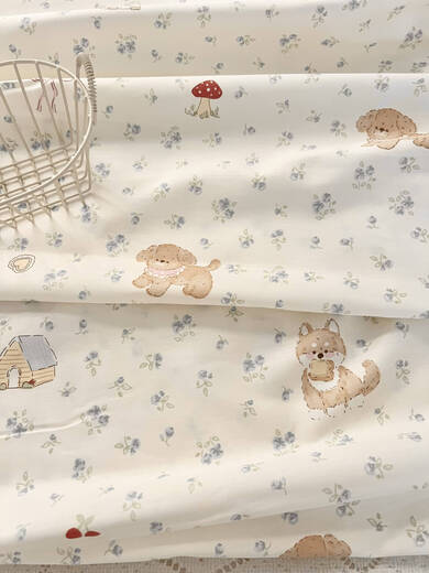 Fantasy pure cotton twill fabric, Xinjiang long-staple cotton bed sheet, quilt cover, baby blanket, cartoon floral baby cotton cloth, mushroom dog, half a meter price