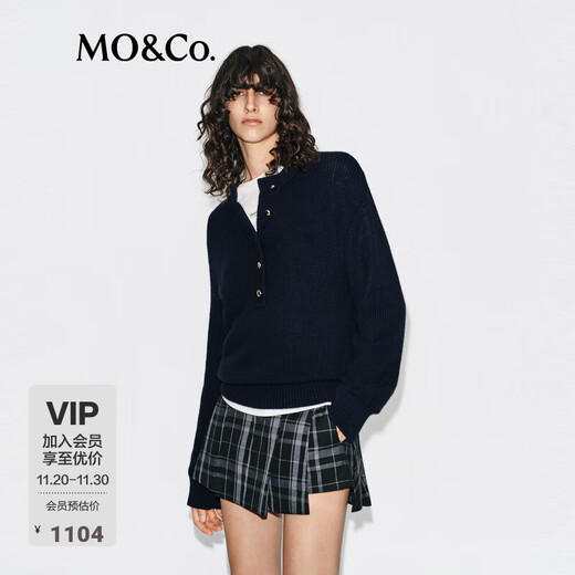 MO&Co. Striped Sweater 2025 Winter New Arrival Merino Sheep Wool Henley Collar Half-Braid Loose Intelligent MBE4SWTT02 Dark Royal Blue XS /155