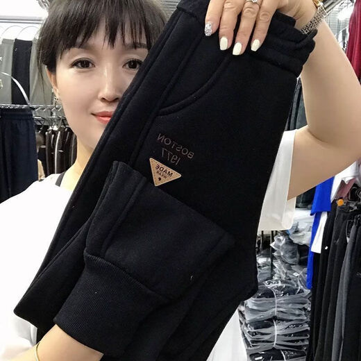 Hengyuanxiang lamb velvet sweatpants new winter style plus velvet and thickened leg casual pants for women with letter embroidery high waist versatile harem pants black 2XL (127-137Jin Jin equals 0.5 kg)