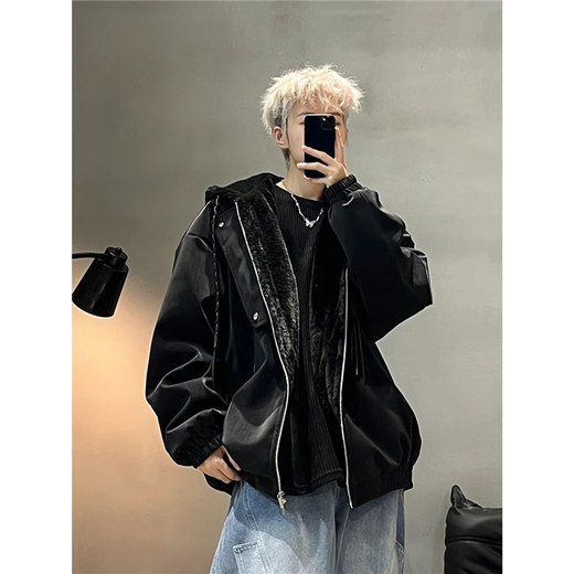 Jufeng American retro mountain carving leather jacket hooded cotton jacket men's winter velvet thickened jacket high-end cotton jacket black cotton upgraded model XL recommended 130-145Jin Jin equals 0.5 kg