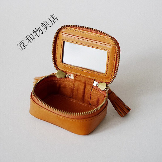 Retro handmade genuine leather cosmetic bag lipstick storage bag with mirror mini solid color makeup bag portable beeswax yellow
