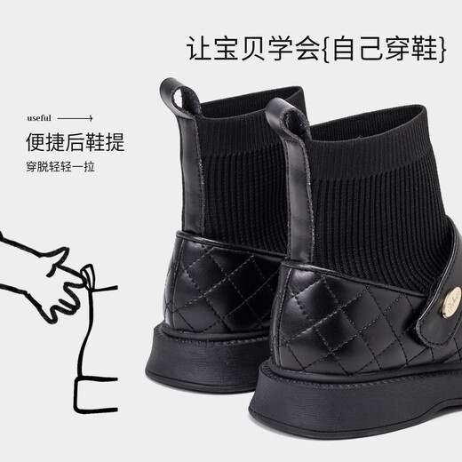 Fuluo Mi Girls' Sock Boots Winter Sweet and Fashionable Versatile Plush Boots Little Girls Soft Sole Anti-Slip Leather Boots Black 30