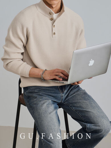 Wool blended GUFASHION autumn and winter wicker raglan henley collar sweater men's half turtleneck sweater black M M