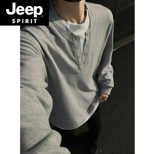 JEEP SPIRIT fake two-piece Henry collar German velvet bottoming shirt men's winter plus velvet thickened sweatshirt autumn and winter 300g heavyweight long-sleeved T-shirt dark gray M