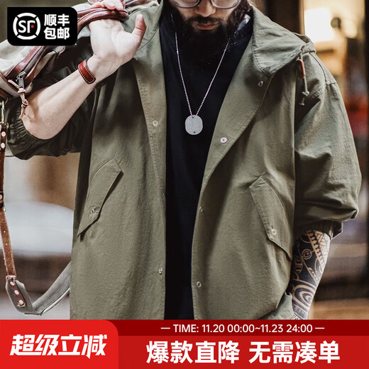 Madden Workwear American Retro M51 Hooded Jacket Men's Autumn Military Style Loose Cotton Fishtail Top Jacket Military Green (Loose and Too Large) XL