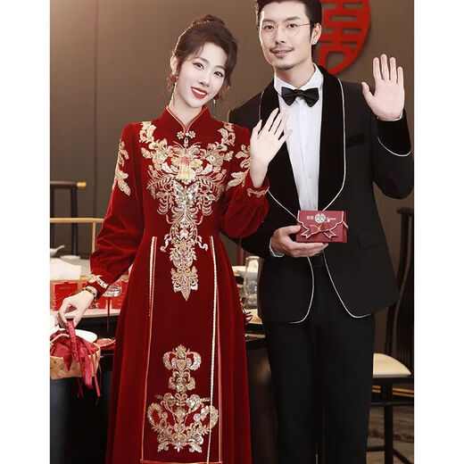 Fenggao (fenggao) Toast Wear Bride 2025 New Winter Clothes Burgundy Stand Collar Retro Cheongsam Winter Heavy Industry Embroidered Long Dress Burgundy Long Style 202 S Dress size is too small. Consult customer service to check the size.
