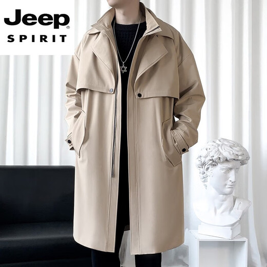 JEEP SPIRIT High-End Mid-Length Windbreaker Men's Stand Collar Cape Coat 2025 Autumn New Fashion Casual Jacket Men's 104 Black XL 126-140Jin Jin is equal to 0.5 kg