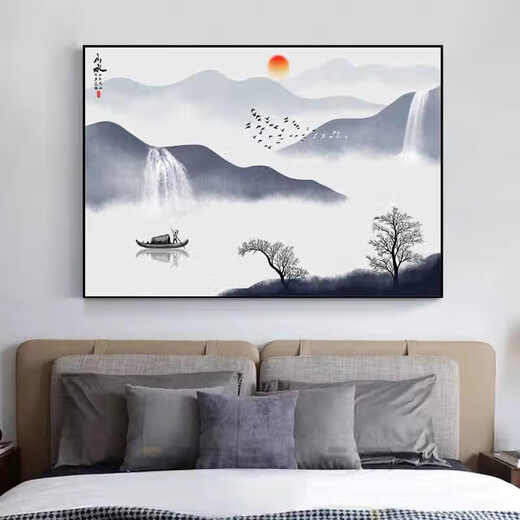 Sensual paintings New Chinese style landscape paintings Restaurant dining room decoration painting Atmospheric bedroom bedside hanging paintings Living room tea room background wall mural JD15673 120*80CM crystal porcelain aluminum alloy black frame