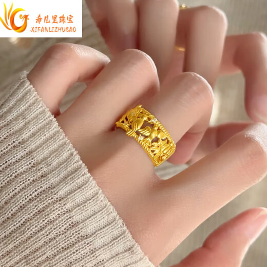 Xifanli gold magpie climbing ring for women new pure gold 999 retro design ring birthday gift for girlfriend Gold magpie climbing ring No. 10, about 2.27 grams