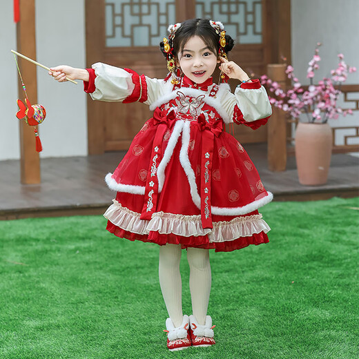 G.duck brand children's clothing Lolita princess dress girls winter thickened warm dress children's velvet Hanfu New Year's dress red 110 cm