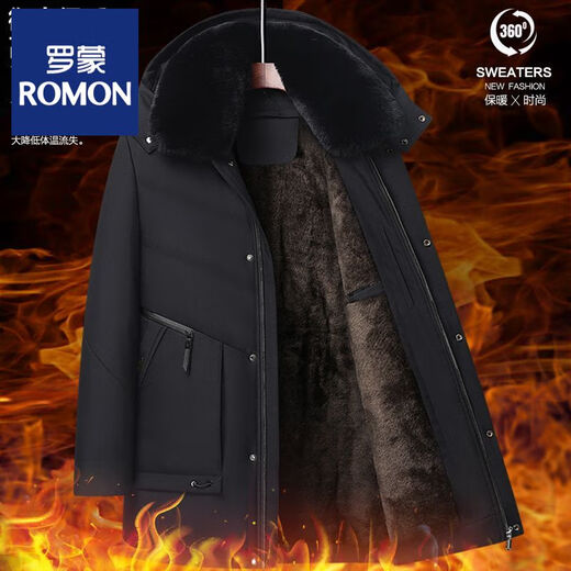 ROMON middle-aged winter medium-length coat for middle-aged and elderly men, velvet thickened cotton clothes, dad's warm cotton clothes, black M 170/88A suitable for 80-100Jin Jin is equal to 0.5 kg